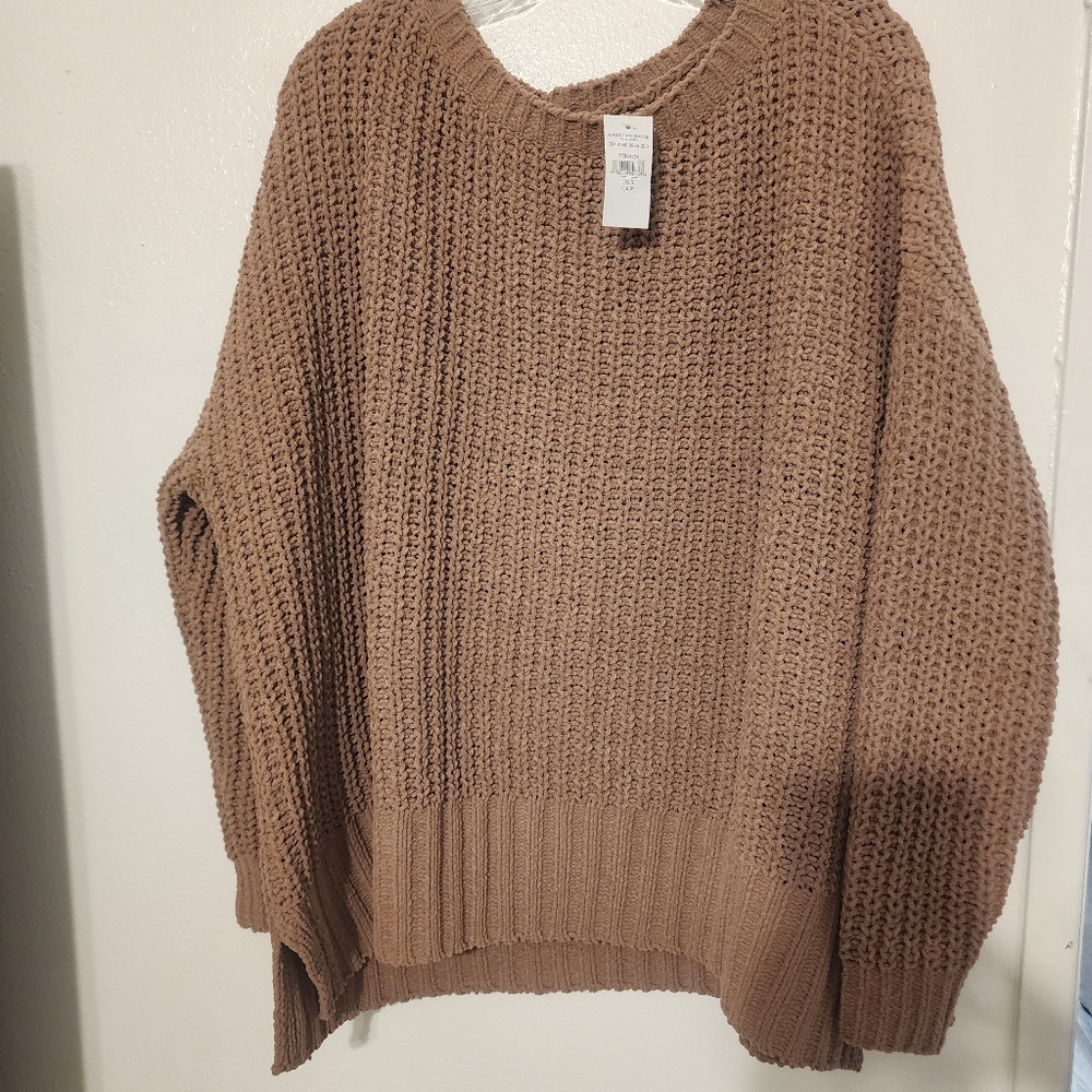 American Eagle Cozy Brown Crew Neck Knit Sweater